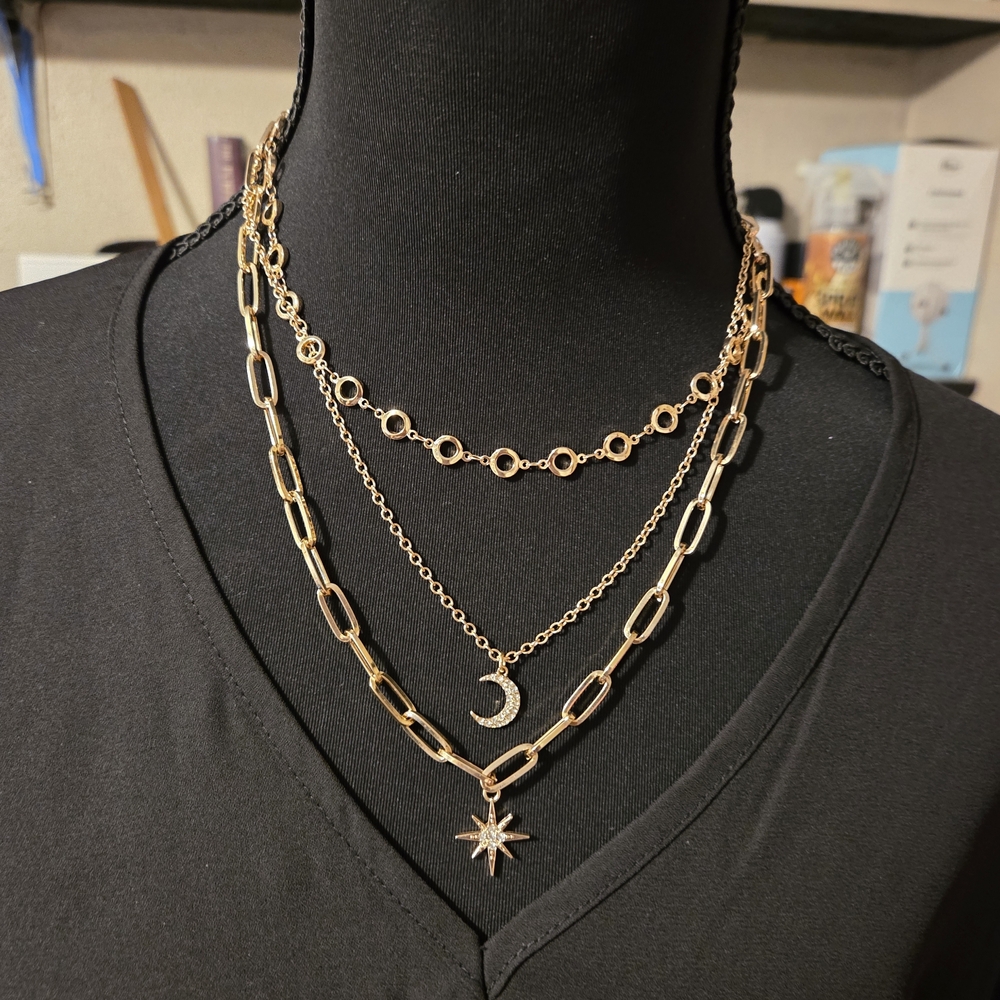 Charming Charlie Gold Triple Layer Necklace with Moon and Star